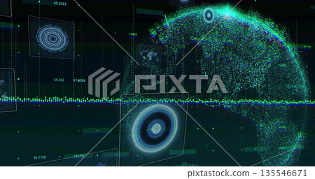 Rotating data-point globe in dashboard, with UI panels, waveform, gridlines, numeric readouts Rotating data-point globe in dashboard, with UI panels, waveform, gridlines, numeric readouts 135546671