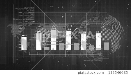 Displaying digital dashboard showing bar chart on interface, with numeric bars and dotted map 135546685