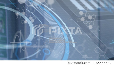 Showing interface overlay in office with hexagonal grids, progress arcs, waveform and data blocks Showing interface overlay in office with hexagonal grids, progress arcs, waveform and data blocks 135546689