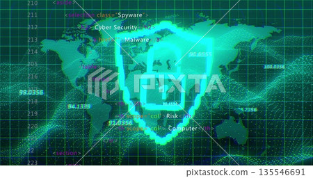 Glowing neon shield with padlock shining on wireframe grid map, with data points and code snippets 135546691