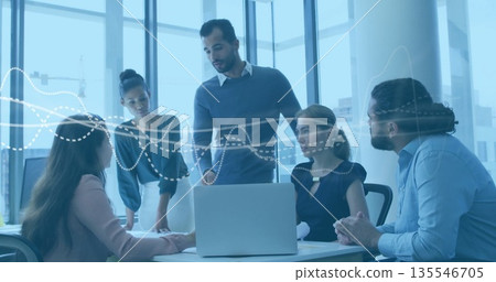 Collaborating five professionals analyzing dotted-line charts in modern meeting room, with laptop Collaborating five professionals analyzing dotted-line charts in modern meeting room, with laptop 135546705