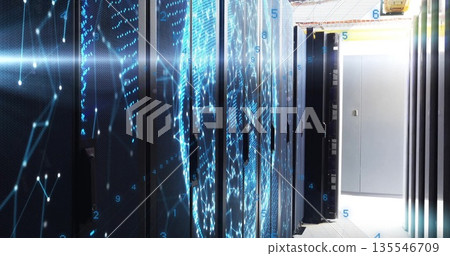 Displaying server racks showing network overlay in data center aisle, with floating binary digits 135546709