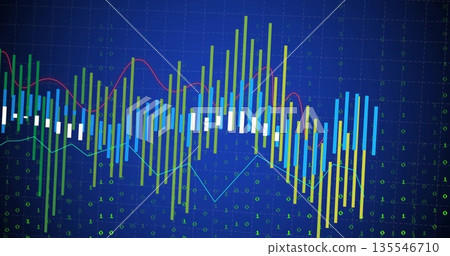 Rendering multicolored candlesticks with red and cyan trend lines over blue grid with binary digits 135546710