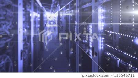 Illuminating server rack showing blinking LEDs in data center aisle, with binary flow, copy space Illuminating server rack showing blinking LEDs in data center aisle, with binary flow, copy space 135546711
