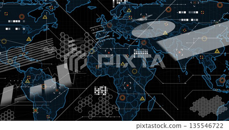 Displaying neon blue world map display on digital dashboard, with hex clusters and warning symbols Displaying neon blue world map display on digital dashboard, with hex clusters and warning symbols 135546722