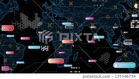 Displaying digital map showing data points in interface, with hex grids and numeric tags Displaying digital map showing data points in interface, with hex grids and numeric tags 135546734