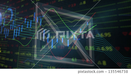Showing envelope icon overlaying graphs, candlesticks in trading dashboard, ticker data and arrows Showing envelope icon overlaying graphs, candlesticks in trading dashboard, ticker data and arrows 135546738