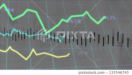 Displaying chart showing green, cyan, yellow line plots, black bars on dark grid lines, axis labels 135546745