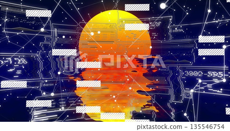 Radiating circular orb pulsing with glitch streaks in cyber grid, with circuit traces and data bars 135546754