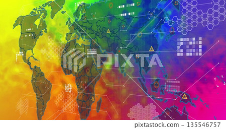 Showing world map overlaying analytics dashboard, with hex grids warning icons and connecting lines 135546757
