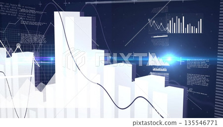 Displaying sweeping black line graph over white 3D bar chart on interface with lens-flare effect 135546771