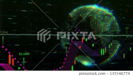 Showing stylized pixel-dot globe on right of financial dashboard, with candlestick bars, copy space 135546774