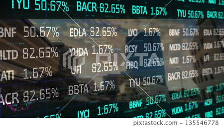 Displaying stock ticker overlay on financial district skyline at dusk, with grid line panels Displaying stock ticker overlay on financial district skyline at dusk, with grid line panels 135546778