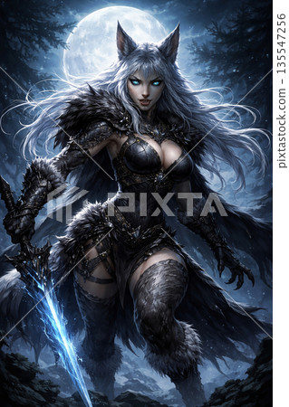 月光下佇立的狼人戰士－酷炫時尚的獸人奇幻形象 135547256