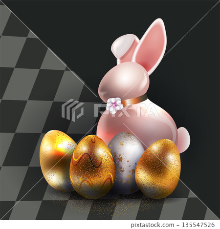 Happy Easter. Isolated design element with a porcelain bunny and Easter eggs 135547526