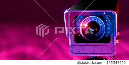 Cinematic Neon Surveillance Camera with Cyberpunk Lighting at Night Cinematic Neon Surveillance Camera with Cyberpunk Lighting at Night 135547652