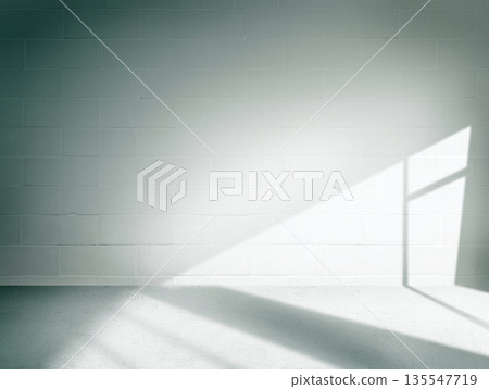 Minimalist White Cinder Block Wall and Concrete Floor with Sharp Sunlight and Window Shadow, Clean Industrial Background for Product Mockup and Copy Space, Architectural Interior Shot. Minimalist White Cinder Block Wall and Concrete Floor with Sharp Sunlight and Window Shadow, Clean Industrial Background for Product Mockup and Copy Space, Architectural Interior Shot. 135547719