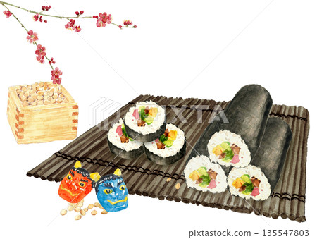 Watercolor illustration set of Ehomaki and Setsubun [Hand-drawn] White background Copy space 135547803