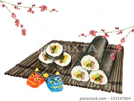 Watercolor illustration set of Ehomaki and Setsubun [Hand-drawn] White background Copy space 135547804