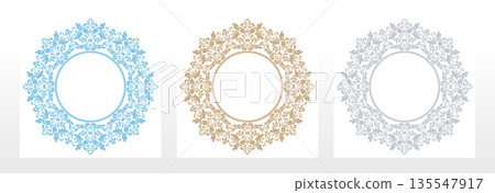 Set of decorative frames Elegant vector element for design in Eastern style, place for text. Floral colored borders. Lace illustration for invitations and greeting cards Set of decorative frames Elegant vector element for design in Eastern style, place for text. Floral colored borders. Lace illustration for invitations and greeting cards 135547917
