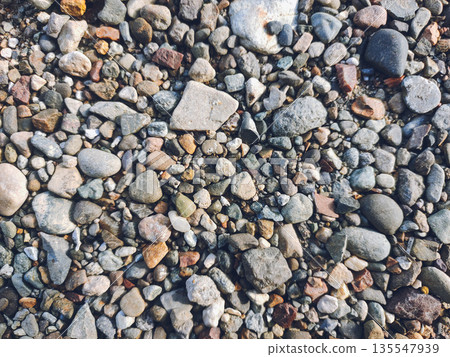 Vibrant natural pebbles and rocks scattered on the ground forming a beautiful earthy texture. Vibrant natural pebbles and rocks scattered on the ground forming a beautiful earthy texture. 135547939