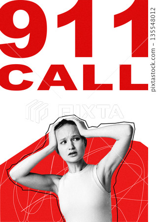 911 call features woman in distress with red graphic background and bold text 911 call features woman in distress with red graphic background and bold text 135548012