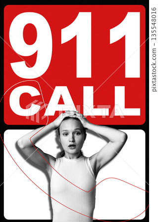 911 call features woman in distress with red graphic background and bold text 911 call features woman in distress with red graphic background and bold text 135548016