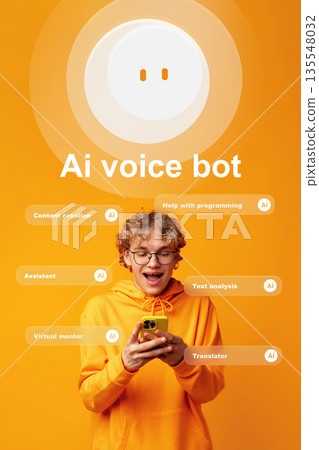 Boy using smartphone with AI voice bot on orange background for various tasks 135548032