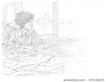 Artistic pencil drawing of a lady lying in bed looking at city skyline window Artistic pencil drawing of a lady lying in bed looking at city skyline window 135548035