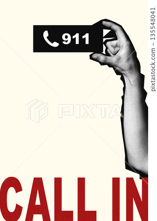 Hand holding a sign to call emergency services with a phone number displayed Hand holding a sign to call emergency services with a phone number displayed 135548041