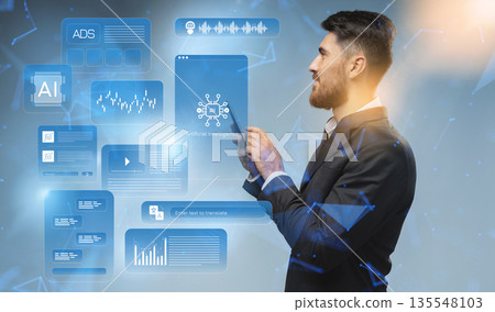 Man using tablet with data about artificial intelligence in a business setting Man using tablet with data about artificial intelligence in a business setting 135548103