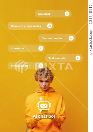 Person in yellow hoodie interacts with AI chat bot on a bright background 135548112