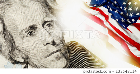 Portrait of a historical figure with the American flag in the background 135548114