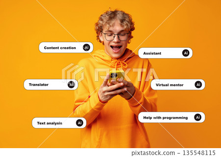 Young person engages with smartphone to explore AI tools for learning and assistance Young person engages with smartphone to explore AI tools for learning and assistance 135548115