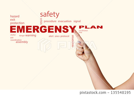 Person points to emergency plan words on light background during a safety discussion Person points to emergency plan words on light background during a safety discussion 135548195
