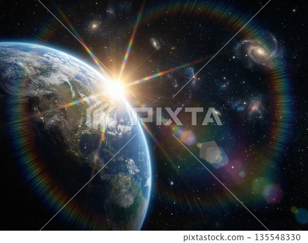 太陽從地球背後升起。從太空看到的黎明。 太陽從地球背後升起。從太空看到的黎明。 135548330