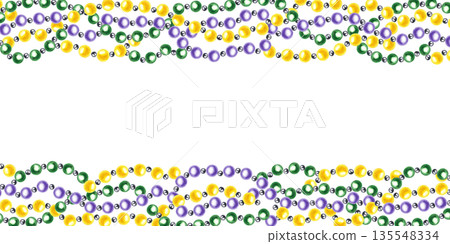 Colored Mardi Gras bead strings watercolor horizontal frame on isolated background. Glass necklace garland border with empty space for text. Decorative illustration for carnival invitation template. 135548334