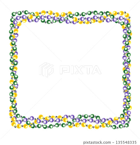 Watercolor Mardi Gras beads square frame on isolated background. Garland in green, purple, yellow colors. Festive border with copy space for text. Carnival symbol template for greeting cards, posters. 135548335