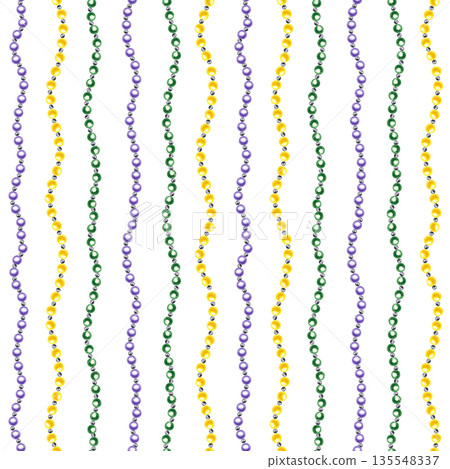 Green, purple and yellow bead vertical stripes watercolor seamless pattern on isolated background. Colored Mardi Gras festival pendants geometric ornate. Carnival decor. Green, purple and yellow bead vertical stripes watercolor seamless pattern on isolated background. Colored Mardi Gras festival pendants geometric ornate. Carnival decor. 135548337