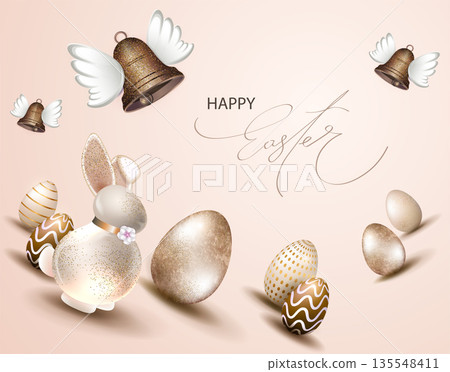 Happy Easter. Festive beige card with an Easter bunny and eggs 135548411