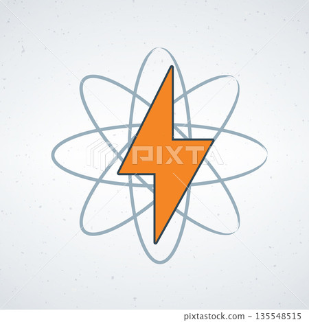 An orange lightning bolt surrounded by a gray atomic symbol An orange lightning bolt surrounded by a gray atomic symbol 135548515
