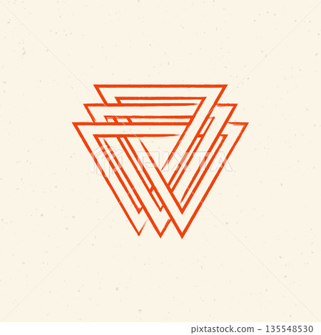 A modern geometric design featuring multiple orange triangles on a beige background 135548530