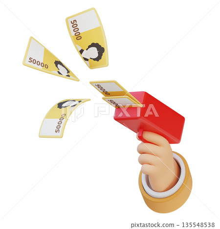 3D Render of Hand Holding Money Gun Blasting 50,000 Won Bills 135548538