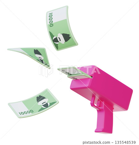 3D Render of Money Gun Shooting 10,000 Korean Won Banknotes 135548539