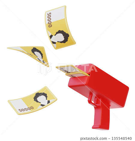 3D Illustration of Money Gun Blasting 50,000 Korean Won Bills 135548540