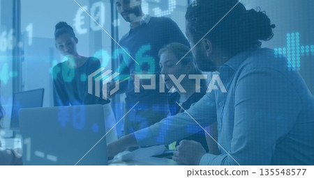 Five professionals discussing market data in conference room, with laptop, papers pen and pencil Five professionals discussing market data in conference room, with laptop, papers pen and pencil 135548577