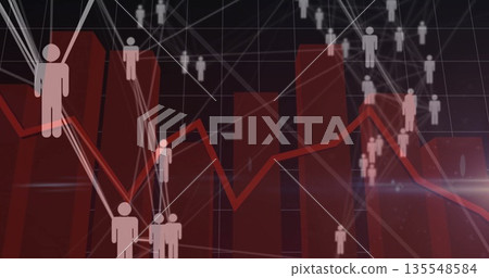 Displaying red 3D bars, zigzag line graph on dark grid, with white lines linking silhouettes Displaying red 3D bars, zigzag line graph on dark grid, with white lines linking silhouettes 135548584