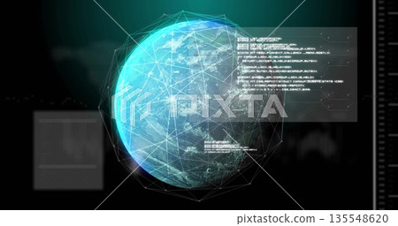Floating 3D globe pulsing with wireframe nodes in dashboard interface, with code and data panels Floating 3D globe pulsing with wireframe nodes in dashboard interface, with code and data panels 135548620