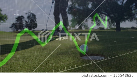 Golfer lining up putt in putting green, with ball, hole, putter, grid overlay, green line chart 135548623