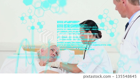 Leaning nurse placing stethoscope on senior patient chest on hospital bed, with digital overlay Leaning nurse placing stethoscope on senior patient chest on hospital bed, with digital overlay 135548645